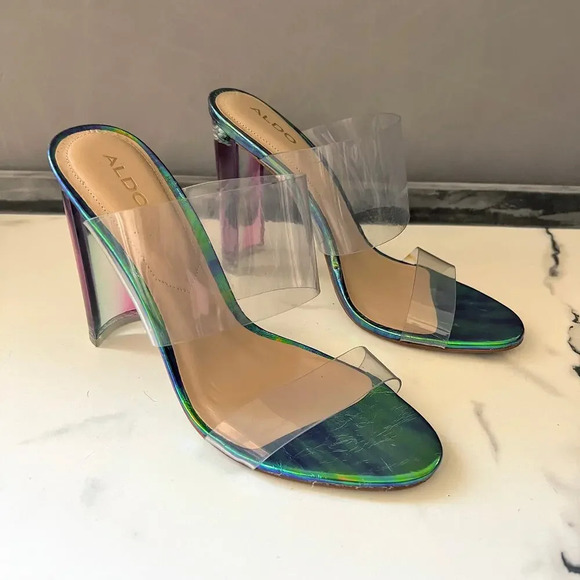 ALDO PVC Clear Double Strap Green Iridescent Mermaid Sandal Heels Size 8.5 - Picture 2 of 11